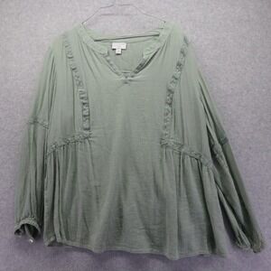 J Jill Top Womens XL Blouse Shirt V-Neck Pleated Casual Boho Green Long Sleeve